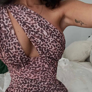 Leopard Print One Shoulder Sleeveless Mini Dress