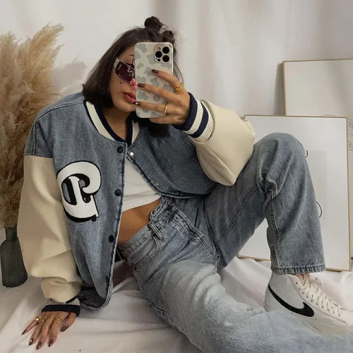 Letter Embroidery Denim Jacket Patchwork Loose Oversized
