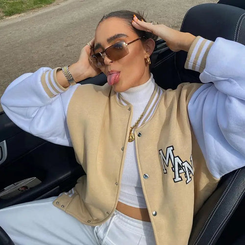Letter Embroidery Striped Patchwork Baseball Oversized