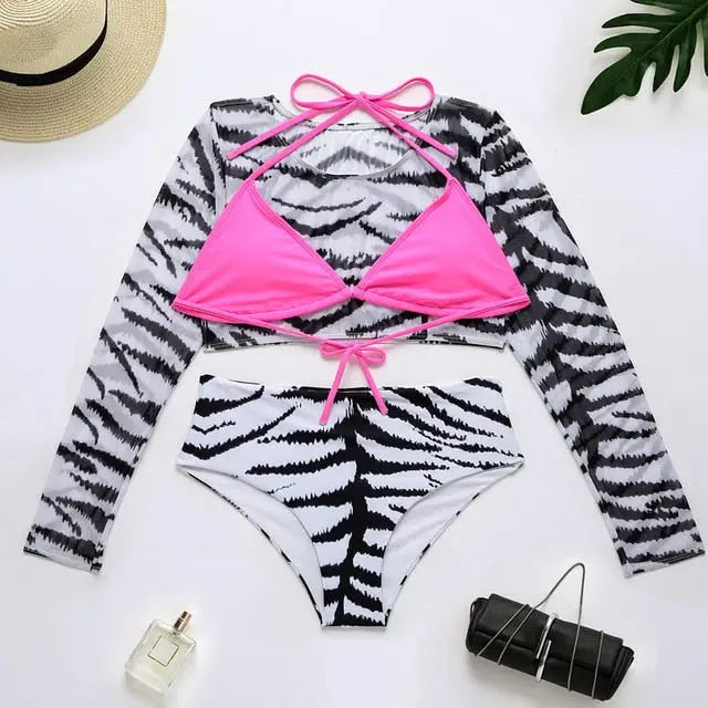 Long Sleeve Beach Cover Up Zebra Print Three Piece Swimsuit