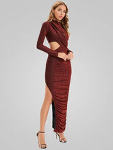 Load image into Gallery viewer, Long Sleeve Cutout Pleated Bodycon Maxi Dress