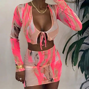 Long Sleeve Tie Front Top and Skirt Set - pink / S