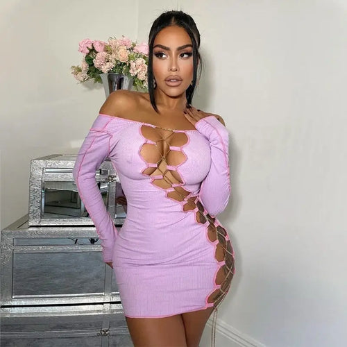 Long Sleeve Hollow Out Bodycon Purple Mini Dress