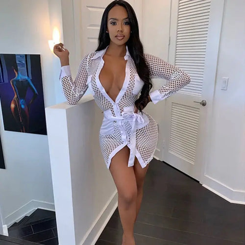 Long Sleeve Sexy Bodycon Fishnet Hollow out Dress