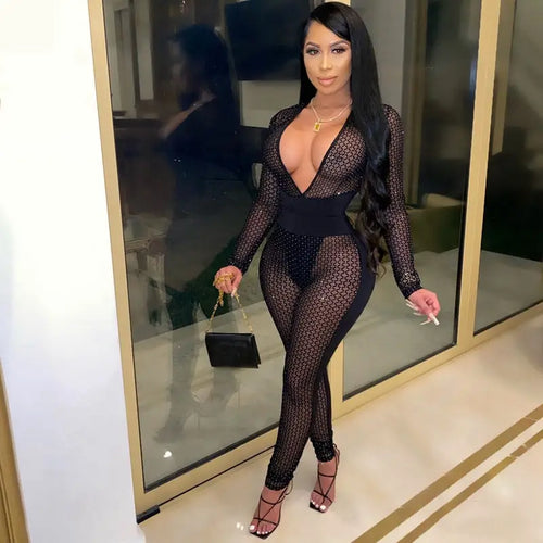 Long Sleeve Sheer Glitter One Piece Jumpsuit