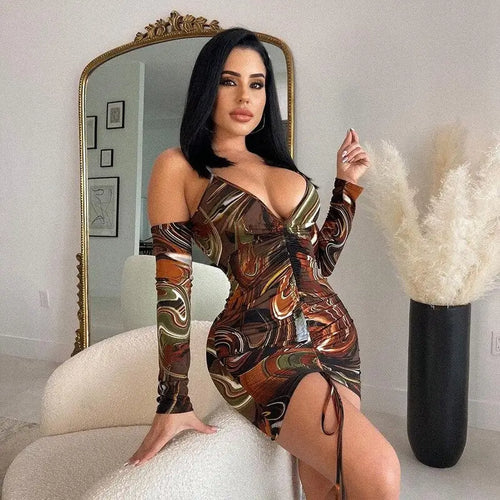 Long Sleeve Off Shoulder Drawstring Tight Backless Dress