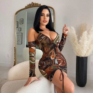 Long Sleeve Off Shoulder Drawstring Tight Backless Dress