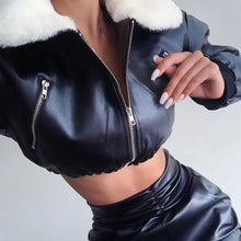 Load image into Gallery viewer, Long Sleeve Zip up Solid Fur Ruched Pu Leather Jacket