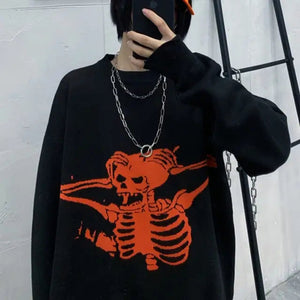 Loose Gothic Punk Skull Pattern Oversized Sweater - One Size
