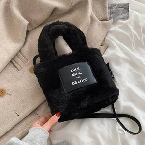 Luxury Letter Faux Fur Plush Chain Shoulder Bag - black