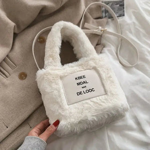 Luxury Letter Faux Fur Plush Chain Shoulder Bag - white
