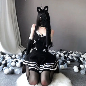 Maid Cosplay Cute Black Dress and Thong