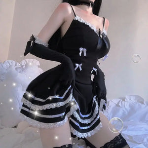 Maid Cosplay Cute Black Dress and Thong