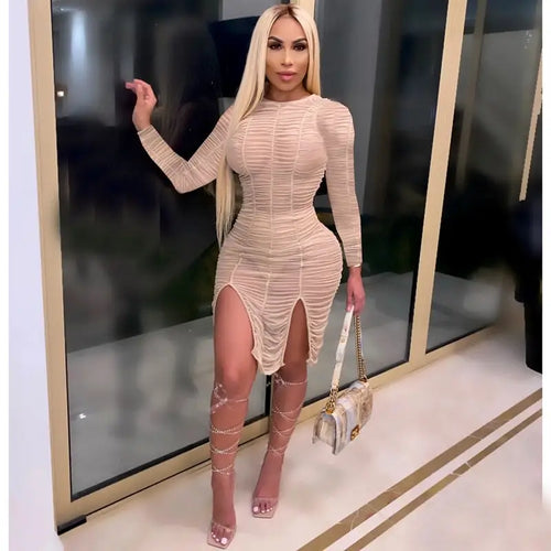 Mesh Ruched Long Sleeve Side Slit Midi Dress
