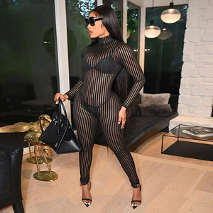 Mesh Striped Half-High Collar Crew Neck Skinny Jumpsuit