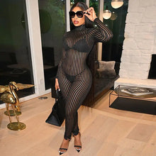Load image into Gallery viewer, Mesh Striped Half-High Collar Crew Neck Skinny Jumpsuit