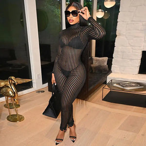 Mesh Striped Half-High Collar Crew Neck Skinny Jumpsuit