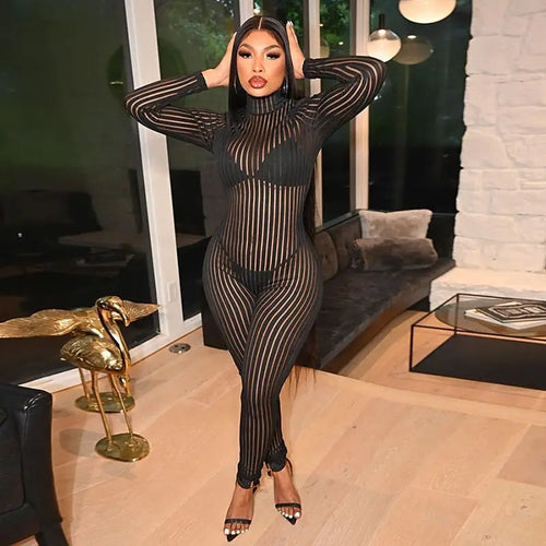 Mesh Striped Half-High Collar Crew Neck Skinny Jumpsuit
