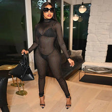Load image into Gallery viewer, Mesh Striped Half-High Collar Crew Neck Skinny Jumpsuit