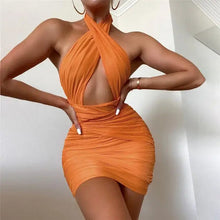 Load image into Gallery viewer, Mesh See Through Criss-Cross Halter Dress - orange / L
