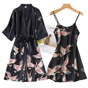 Mini Kimono Pajama Sleepwear - Black - Short Set / XL