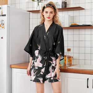 Mini Kimono Pajama Sleepwear - Black-Short Robe / M