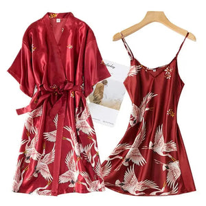 Mini Kimono Pajama Sleepwear - Burgundy - Short Set / XL