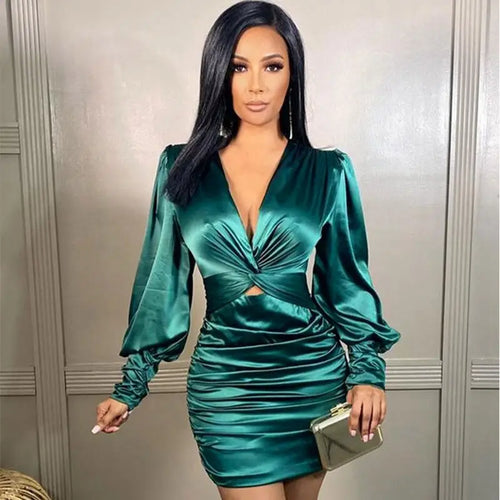 Mini Ruffle Satin Long Sleeve Club Bodycon Dress