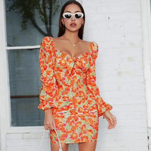Modern Floral Full Puff Sleeve Mini Dress