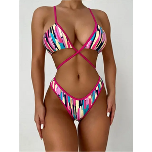 Multi Color String Push Up High Waistline Bikini Set - multi