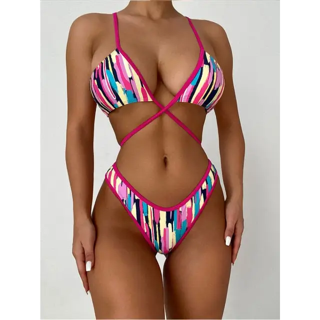 Multi Color String Push Up High Waistline Bikini Set - multi