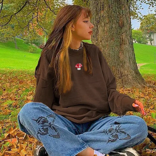 Mushroom Embroidery Brown Oversized Sweatshirt