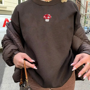 Mushroom Embroidery Brown Oversized Sweatshirt