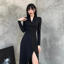 Load image into Gallery viewer, V Neck Gothic High Waist Long Sleeve Dress