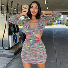 Load image into Gallery viewer, V Neck Cut Out Long Sleeve Club Mini Dress - multicolor / S