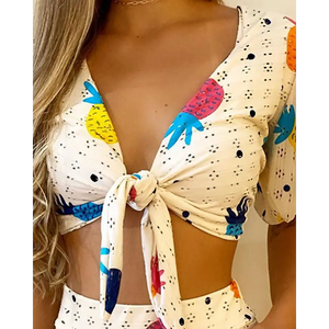 V-Neck Pineapple Crop Top With Shorts Set