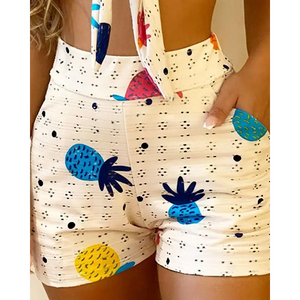 V-Neck Pineapple Crop Top With Shorts Set