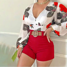 Load image into Gallery viewer, V Neck Tropical Print Long Sleeve Top &amp; Shorts Set - Red /