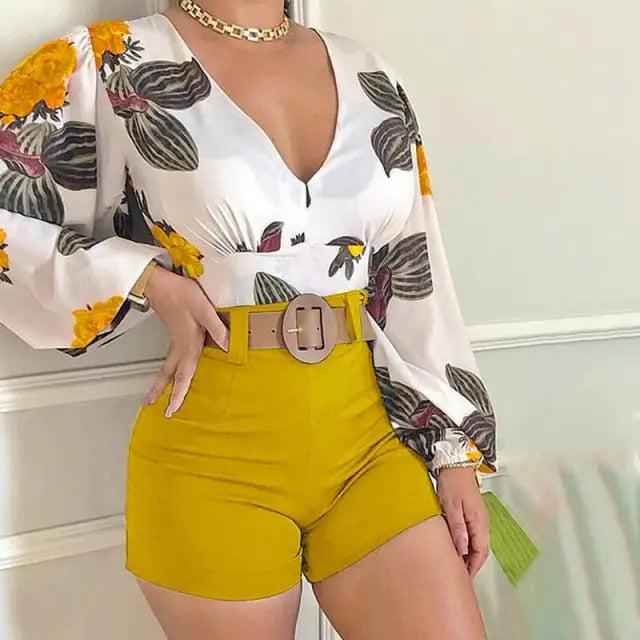 V Neck Tropical Print Long Sleeve Top & Shorts Set - Yellow