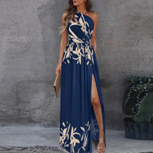 Load image into Gallery viewer, Ombre One Shoulder Cutout Slit Thigh Maxi Dress - Blue Print