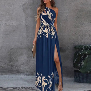 Ombre One Shoulder Cutout Slit Thigh Maxi Dress - Blue