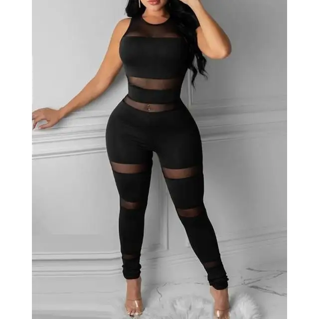 Overall Solid Sleeveless Sheer Mesh Jumpsuit - L / Black