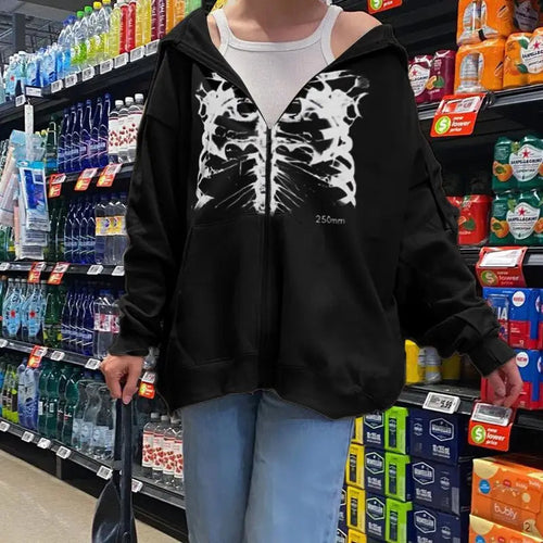 Oversized Skeleton Print Long Sleeve Zip Up Sweatshirt -