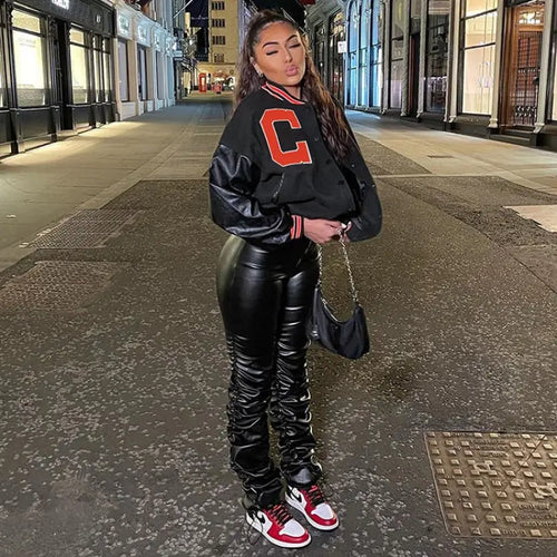 Oversized Varsity Button DownCrop Bomber Jacket