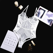 Load image into Gallery viewer, Patchwork Lace Transparent Babydoll Bodysuit - white / L