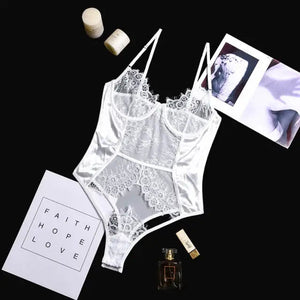 Patchwork Lace Transparent Babydoll Bodysuit - white / L