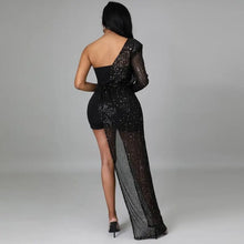 Load image into Gallery viewer, Patchwork Sparkly Sequin Long Sleeve One Shoulder Dress