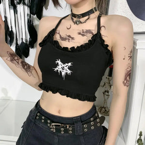 Pentagram Print Black Camis Cropped Top