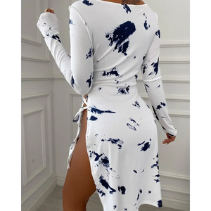 Plain Lace-up Ribbed Long Sleeve Side Slit Women Dress