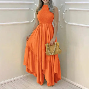Plain Sleeveless Ruched Maxi Dress - Orange / S